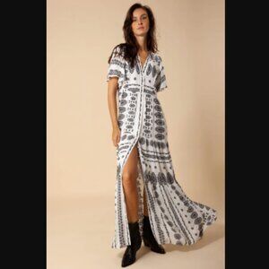 Hale Bob Hanina button maxi dress size large black white printed flutter sleeve